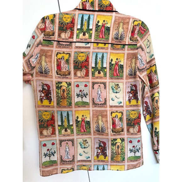 Alice + Olivia Tarot Card Alfie Silk Blouse Collared Top Mystical Print Shirt XS - Picture 11 of 14